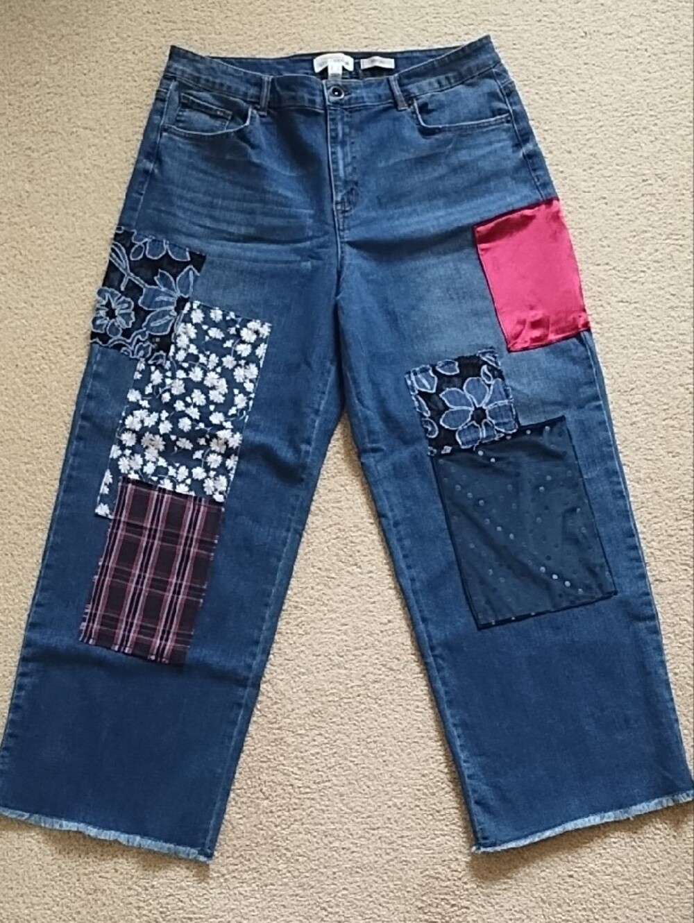LOGO by Lori Goldstein Plaid Floral Multi Patchwork Wide-Leg Jeans Women's 14